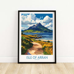 Isle of Arran Scotland Poster featuring beautiful landscape art of the Isle of Arran with a mountain and coastal scenery.