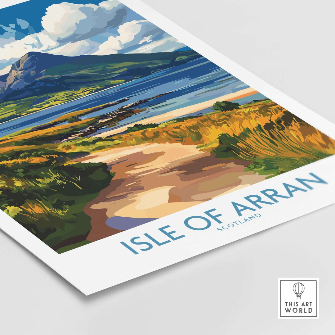 Isle of Arran Scotland poster showcasing vibrant landscape with lush greenery and serene waters.