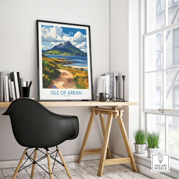 Isle of Arran poster displayed in a stylish office setting, showcasing the island's stunning landscape and charm.