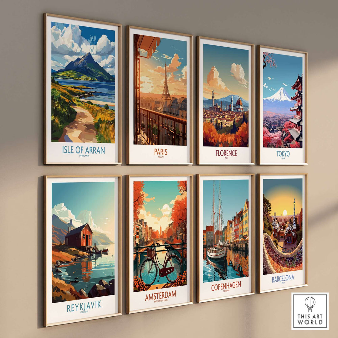 Colorful travel posters showcasing Isle of Arran, Paris, Florence, Tokyo, Reykjavik, Amsterdam, Copenhagen, and Barcelona.