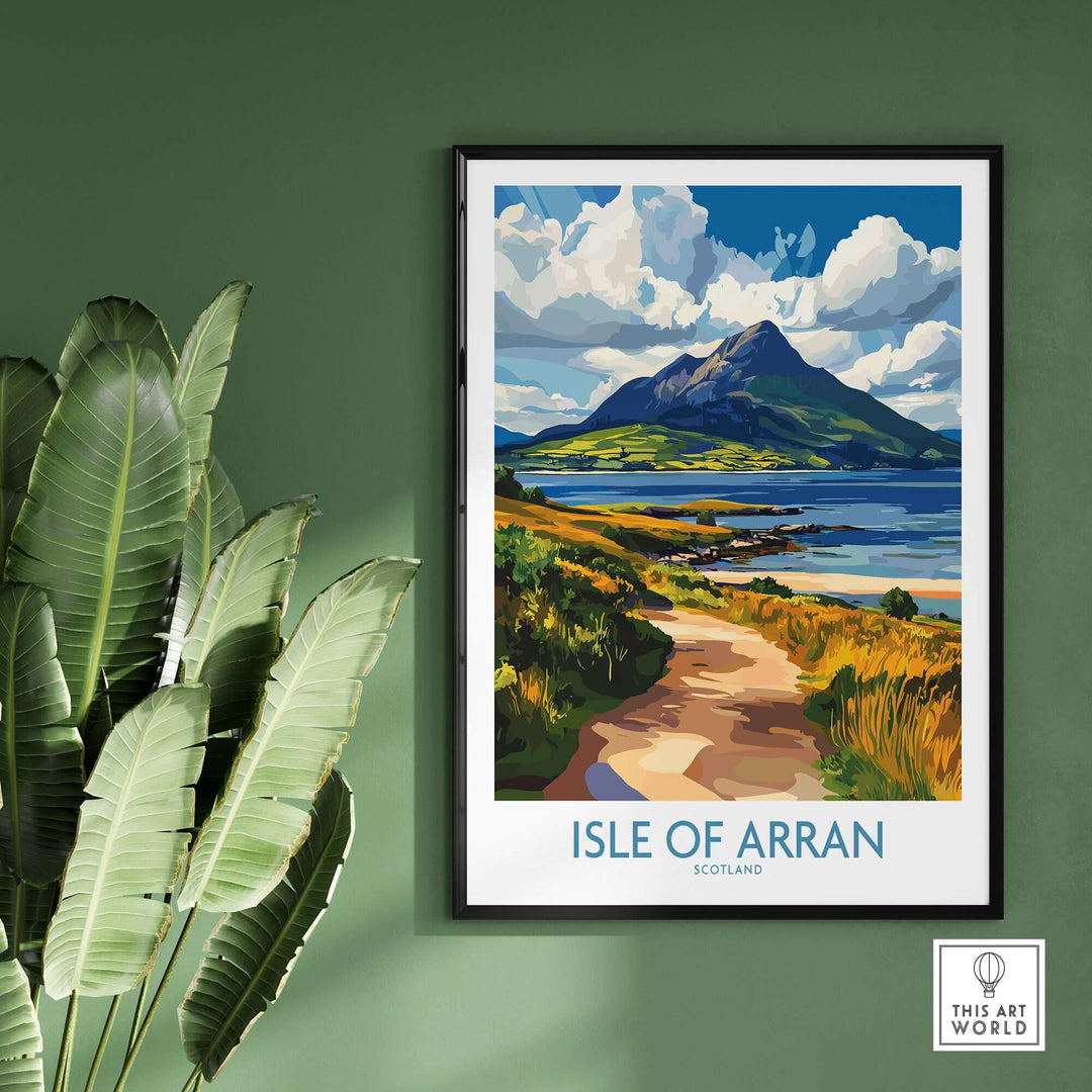 Colorful Isle of Arran poster showcasing scenic landscapes of Scotland, featuring mountains and serene waters.