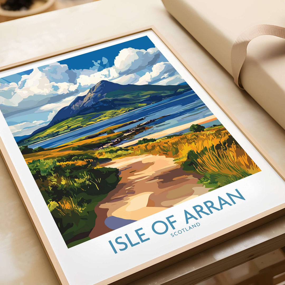 Framed Isle of Arran Scotland poster showcasing vibrant landscape and scenic beauty of the island.