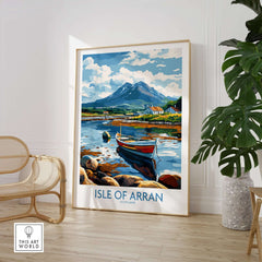 Isle of Arran Scotland Travel Poster showcasing a picturesque landscape with a boat and mountains.