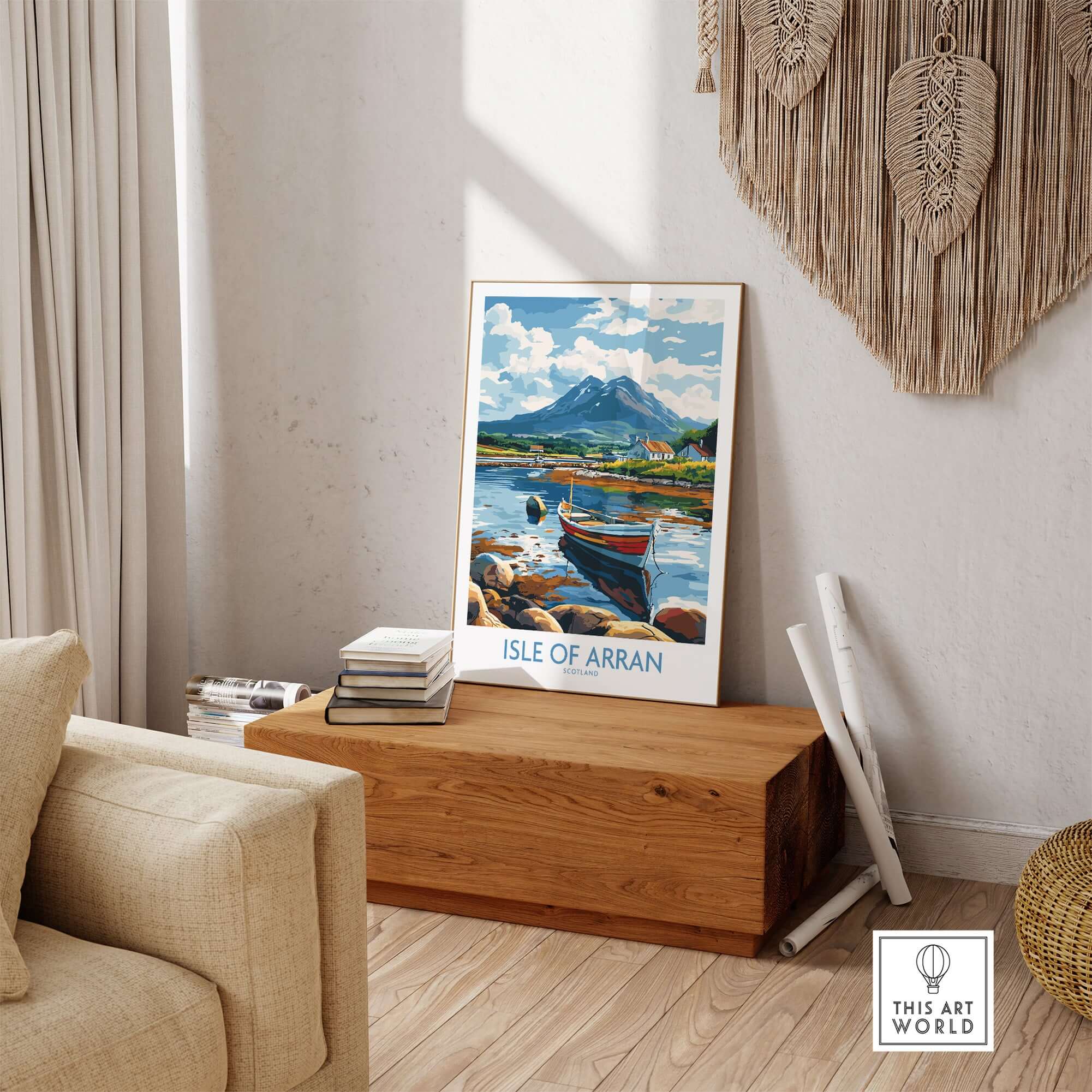 Isle of Arran Scotland Travel Poster showcasing scenic landscapes and boats in a cozy home setting.