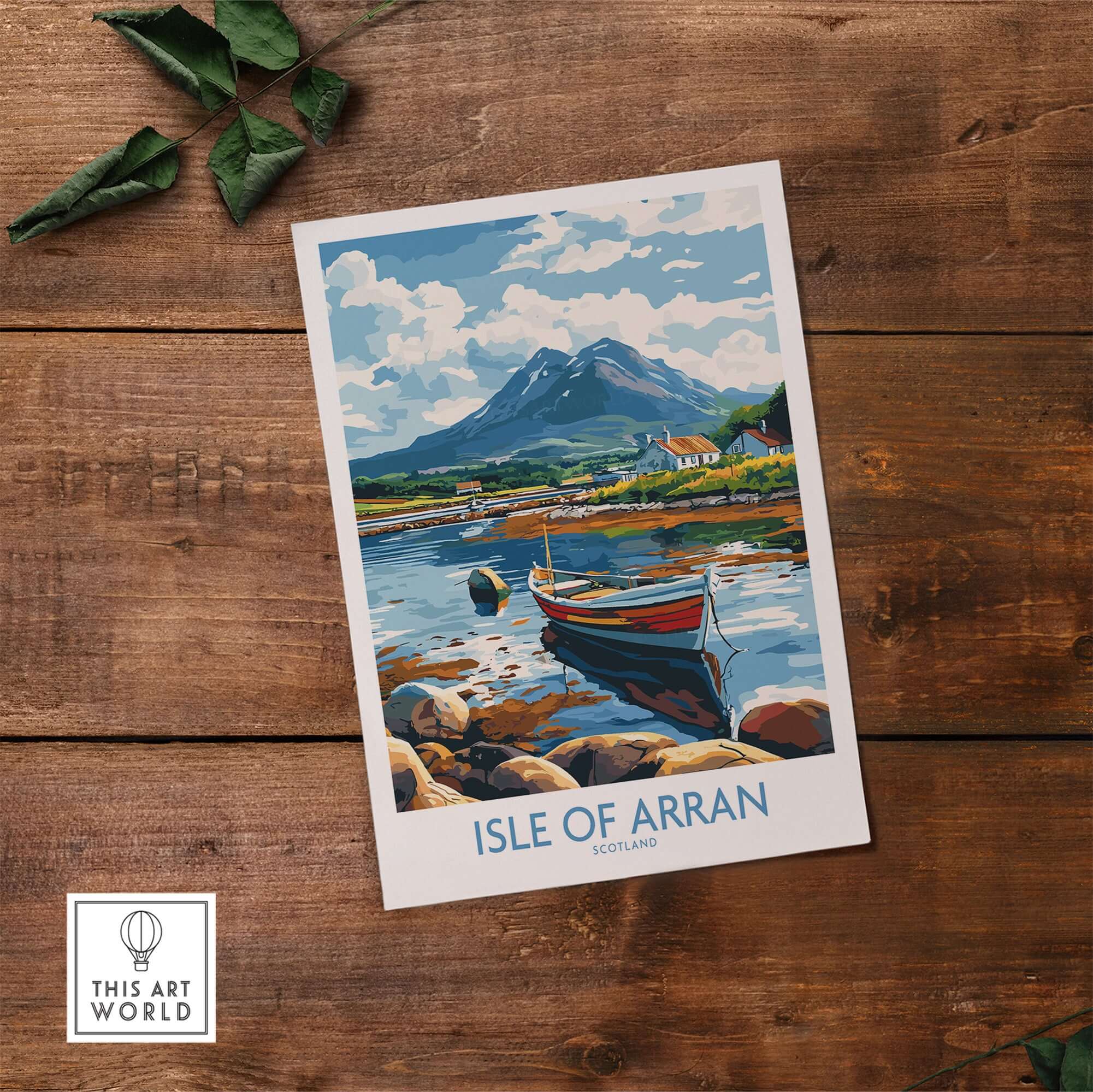 Isle of Arran Scotland Travel Poster featuring stunning landscapes and serene lochs.