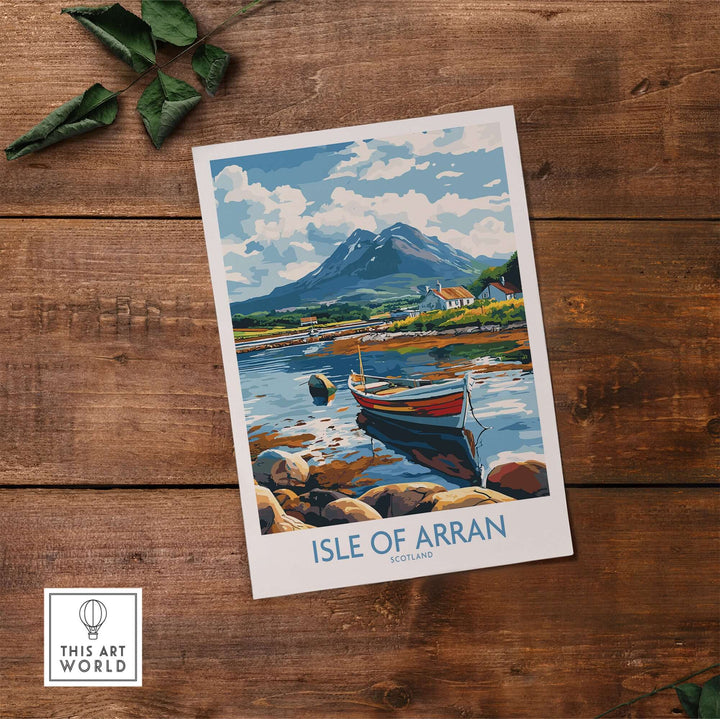 Isle of Arran travel poster showcasing mountains and lochs, perfect for adventure lovers.