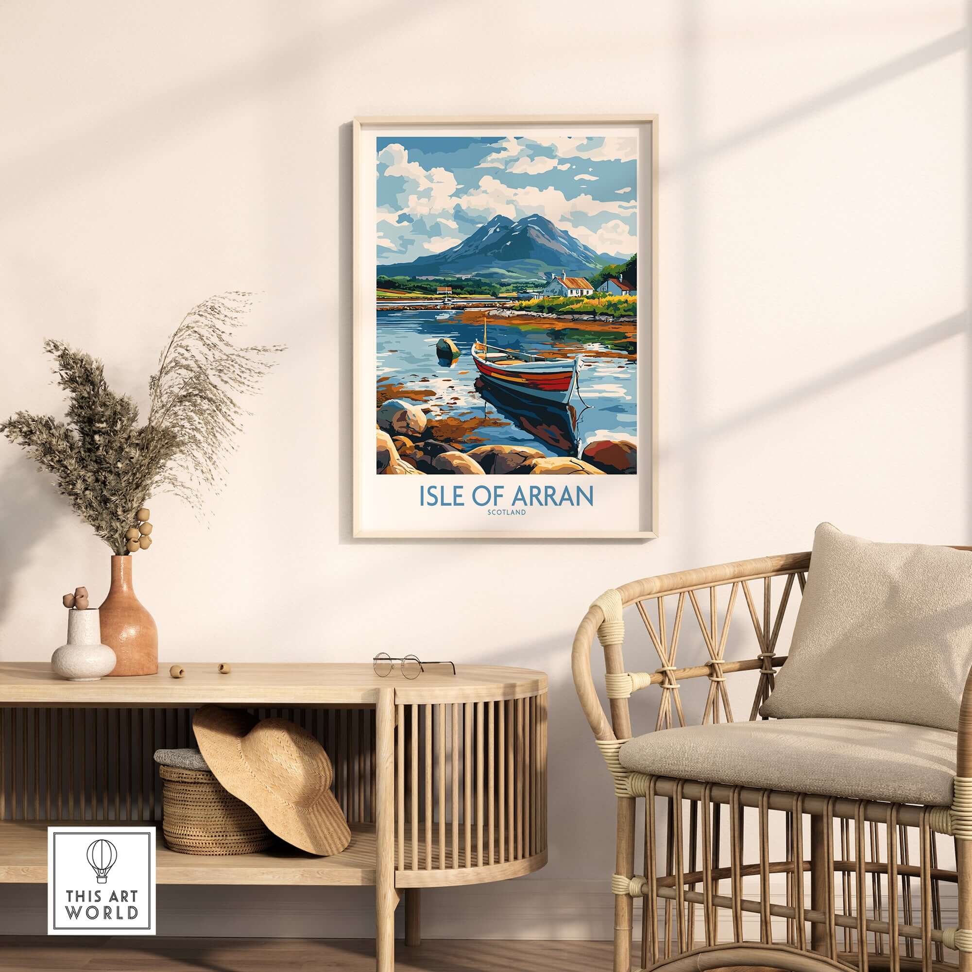Isle of Arran Scotland Travel Poster showcasing scenic landscapes and a boat on the loch in a stylish interior setting.