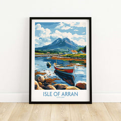 Isle of Arran Scotland Travel Poster featuring a scenic view with a boat and mountains.