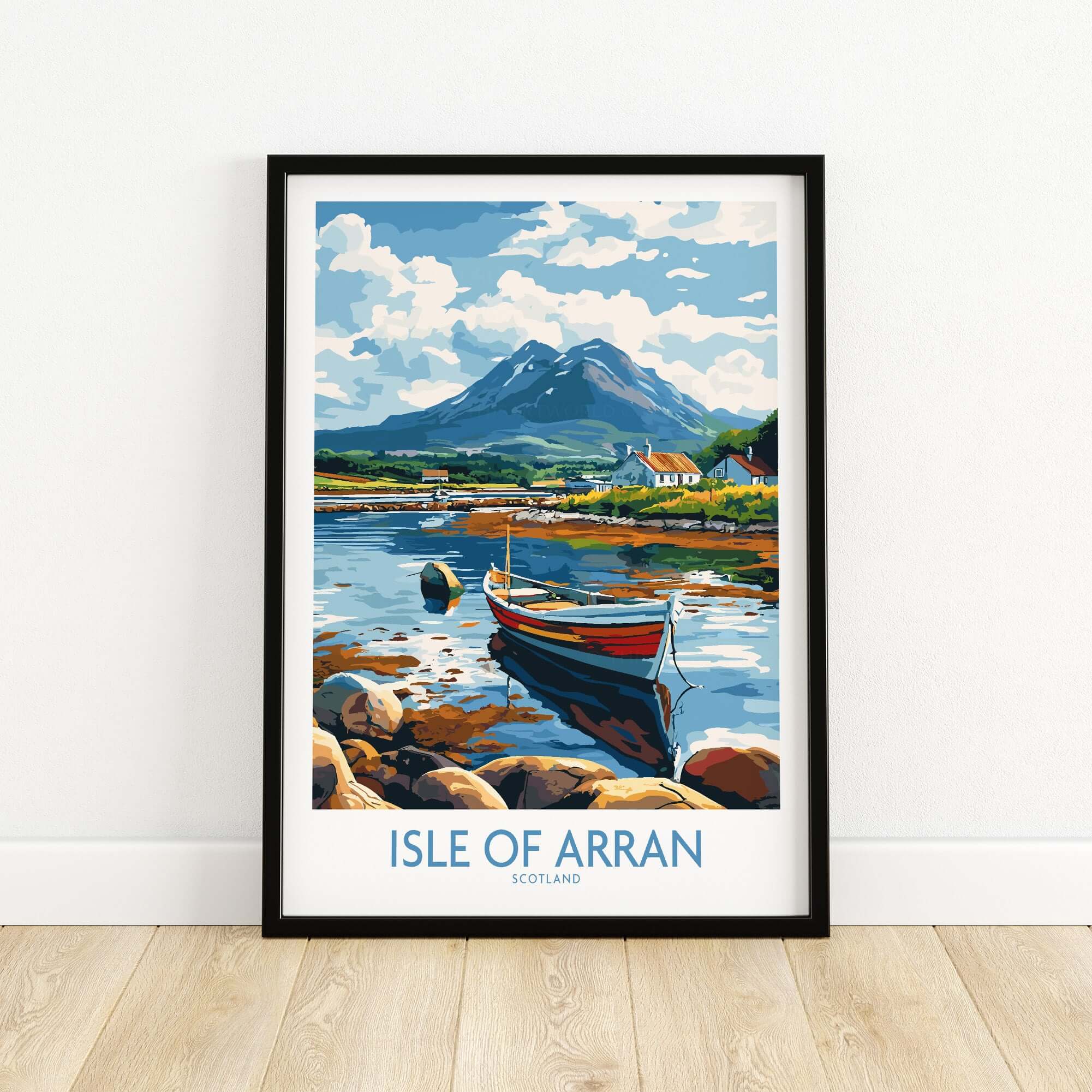 Isle of Arran Scotland Travel Poster featuring a scenic view with a boat and mountains.