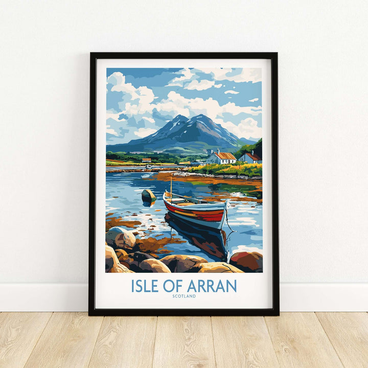 Isle of Arran Scotland travel poster featuring a scenic landscape with a boat and mountain backdrop.