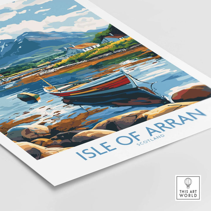 Isle of Arran Scotland travel poster featuring a boat on the water with mountains in the background.