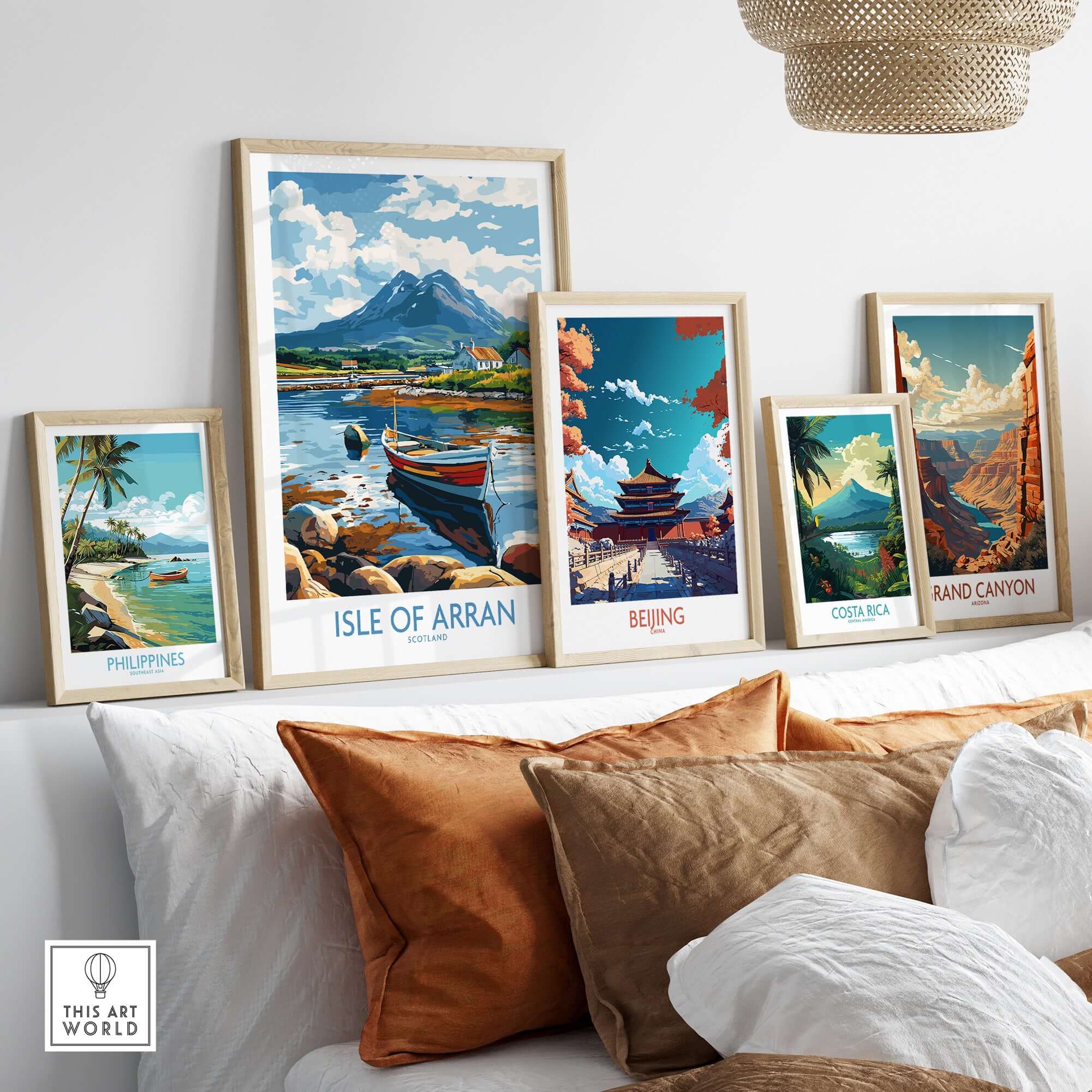 Isle of Arran Scotland Travel Poster displayed among other travel posters in a stylish home setting.