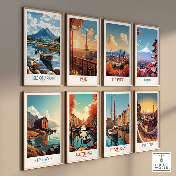 Collection of travel posters featuring Isle of Arran, Paris, Florence, Tokyo, Reykjavik, Amsterdam, Copenhagen, and Barcelona.