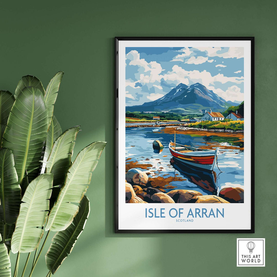 Isle of Arran travel poster showcasing Scottish landscapes with mountains and a boat on tranquil waters.