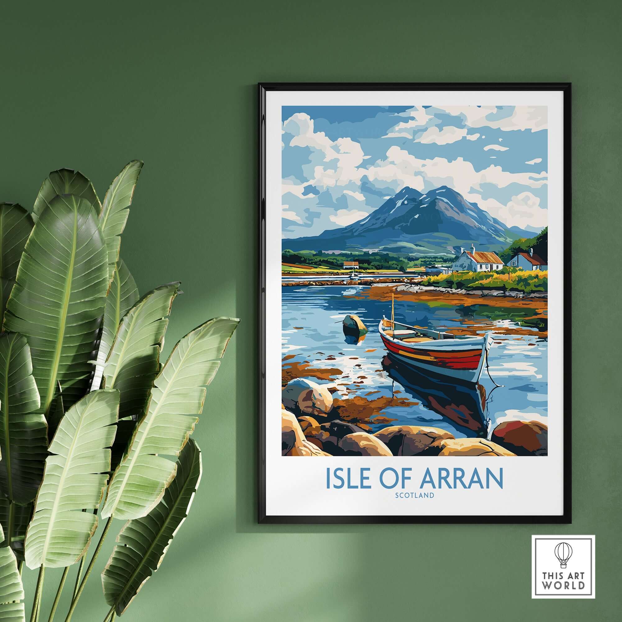 Isle of Arran Scotland Travel Poster showcasing stunning landscapes, mountains, and local charm.