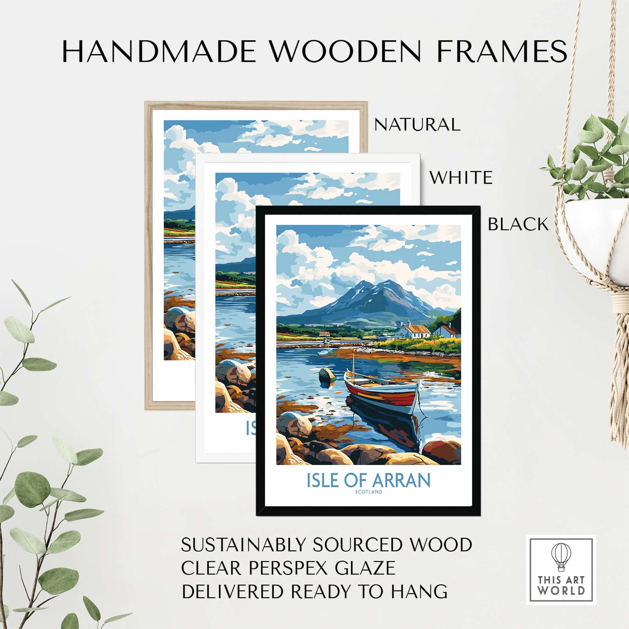 Isle of Arran Scotland Travel Poster framed with handmade wooden frames in natural, white, and black options.