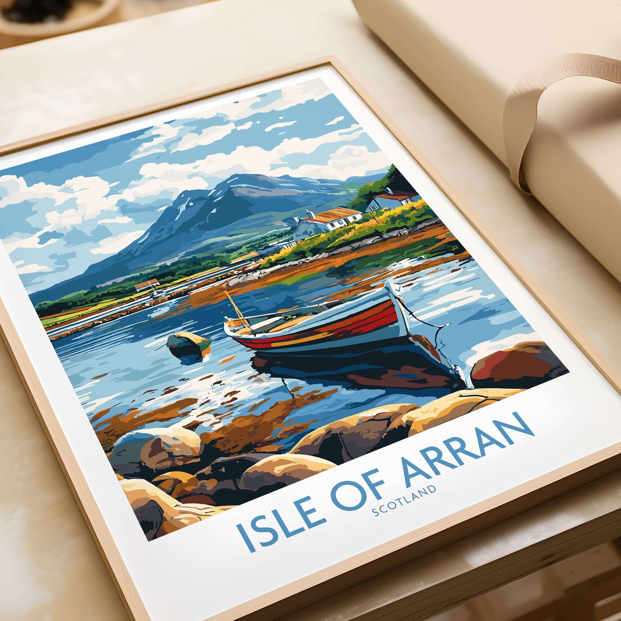Isle of Arran Scotland Travel Poster showcasing scenic landscapes with boats and mountains.