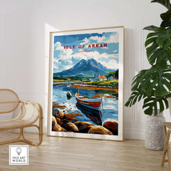 Isle of Arran Scotland Travel Print showcasing a scenic view of the Isle of Arran with a boat and mountains.