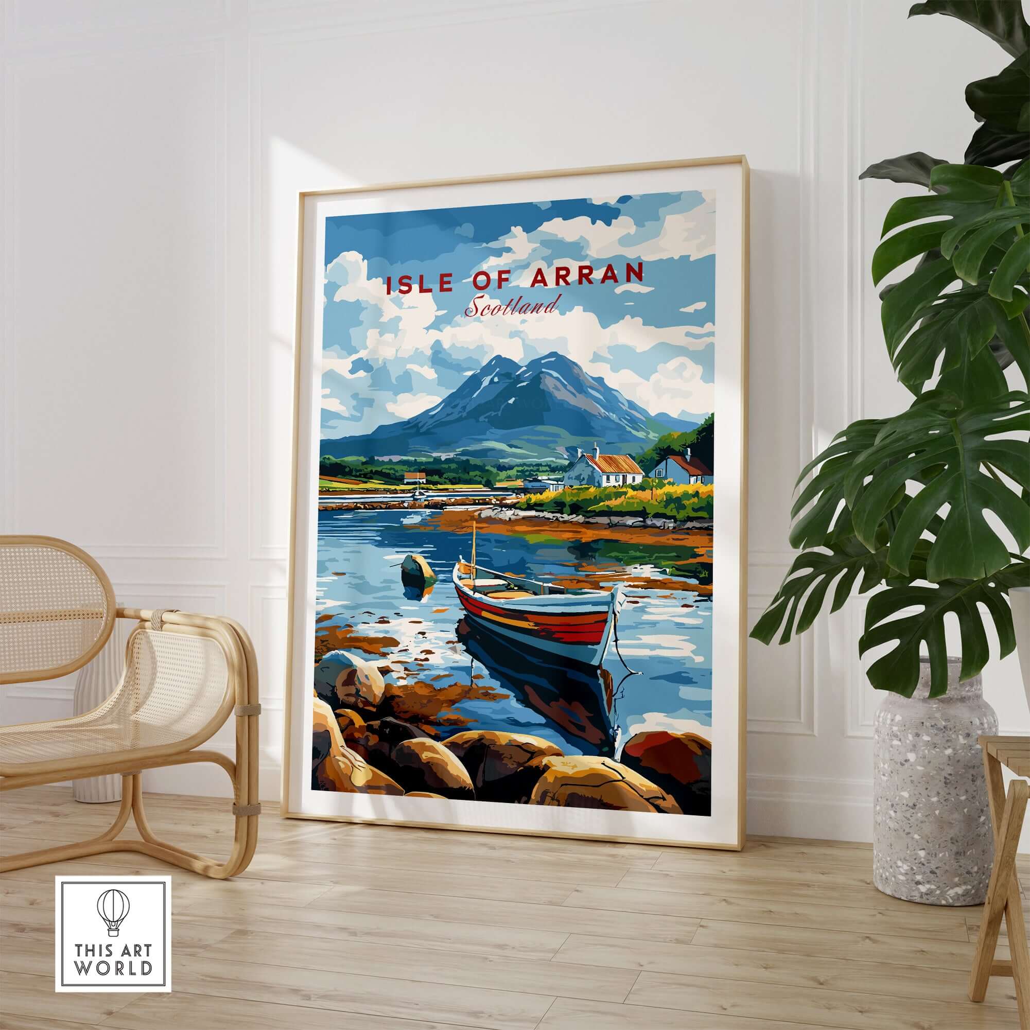 Isle of Arran Scotland Travel Print showcasing a scenic view of the Isle of Arran with a boat and mountains.
