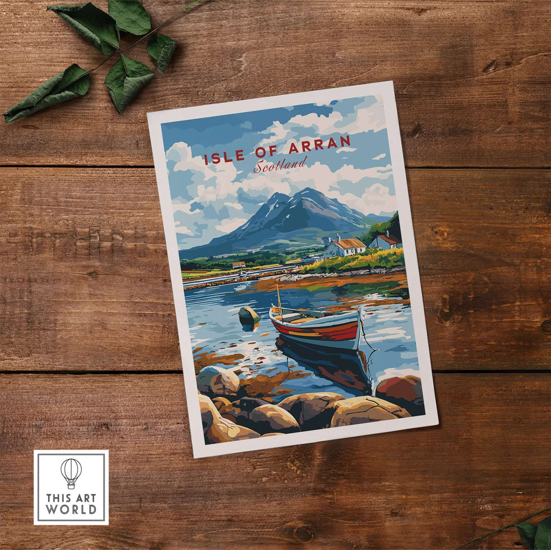 Isle of Arran travel print showcasing a boat on Scottish waters with mountains in the background, perfect for home decor.