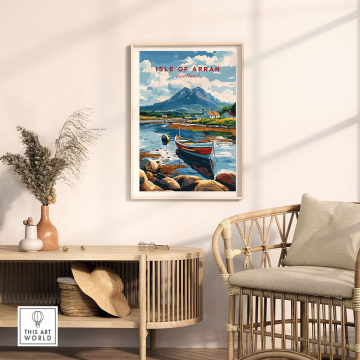 Isle of Arran travel print featuring a scenic landscape with a boat, mountains, and vibrant colors, perfect for home decor.