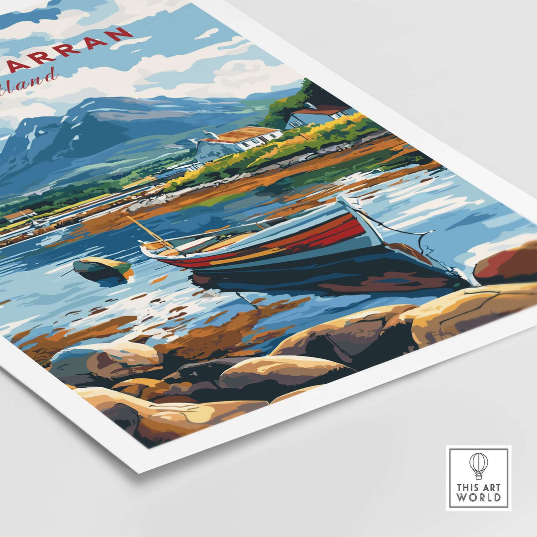 Isle of Arran travel print featuring boats and scenic Scottish countryside in vibrant colors.