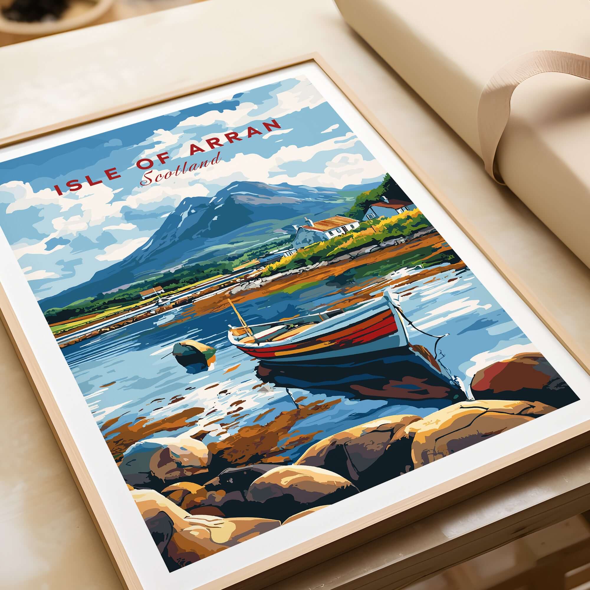 Isle of Arran Scotland Travel Print featuring a colorful scenic view of a boat on water with mountains in the background.