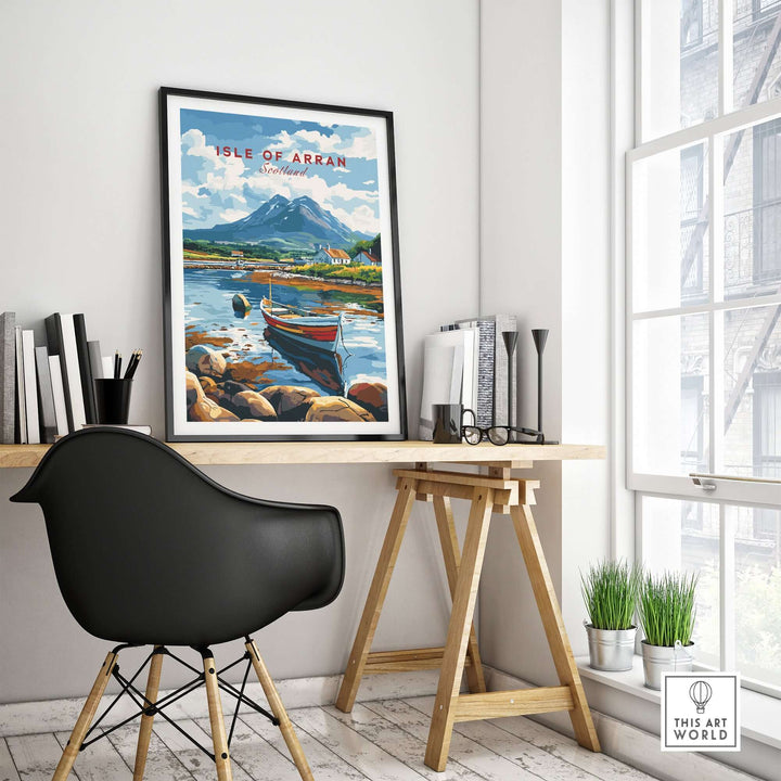 Isle of Arran travel print in a modern home office setting, showcasing vibrant colors and Scottish landscape.