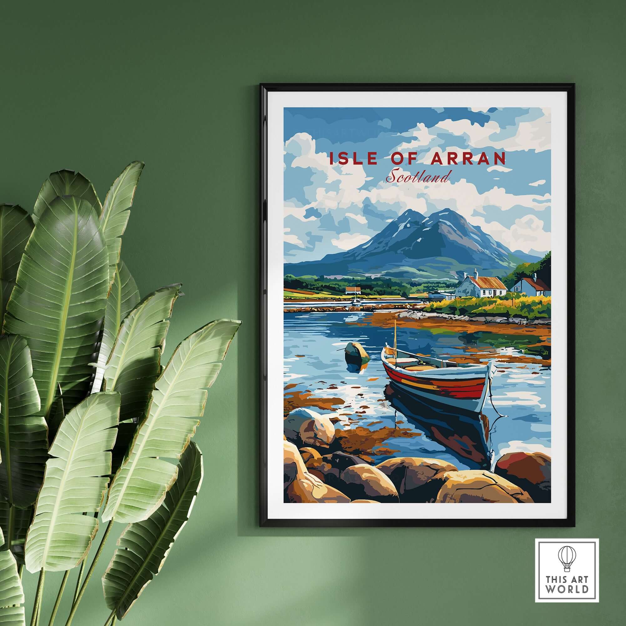 Isle of Arran Scotland Travel Print showcasing a vibrant landscape with a boat and mountains in the background.