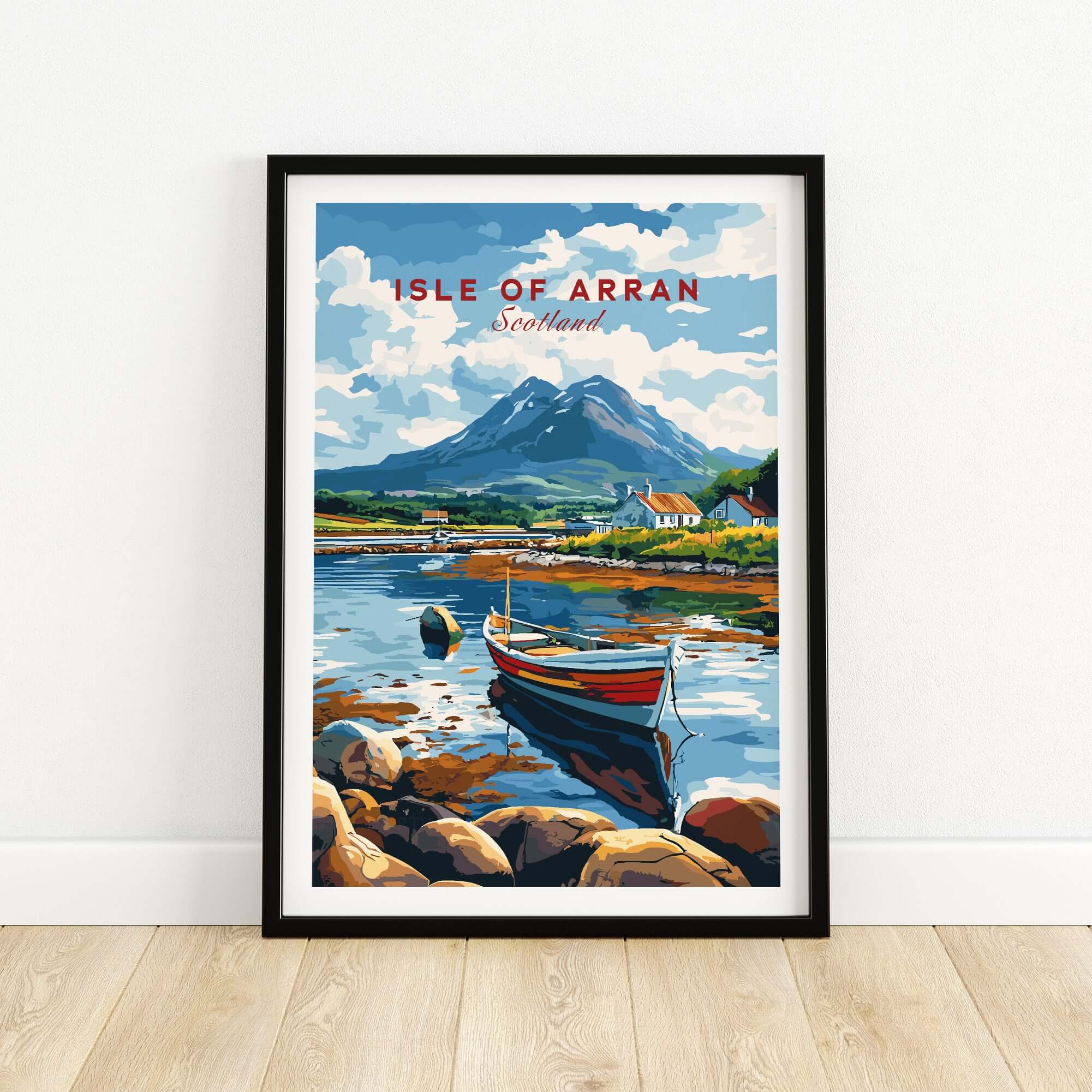 Isle of Arran Scotland Travel Print featuring a scenic view of a boat and mountains.