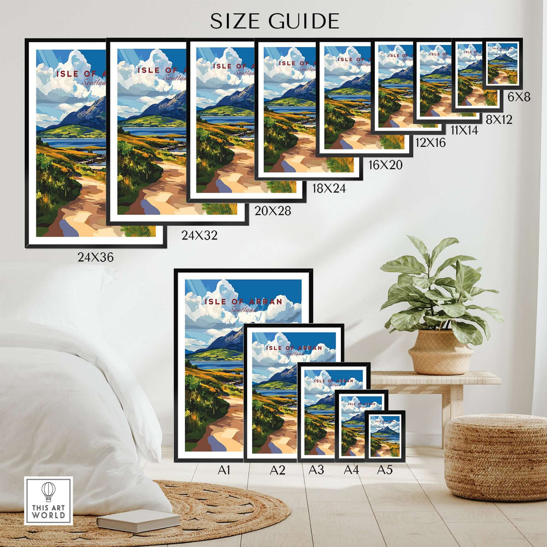 Size guide for Isle of Arran Scotland wall art prints displayed in various sizes by a stylish home decor setting.