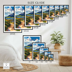 Isle of Arran Scotland Wall Art size guide with various frame options displayed in a stylish home setting.