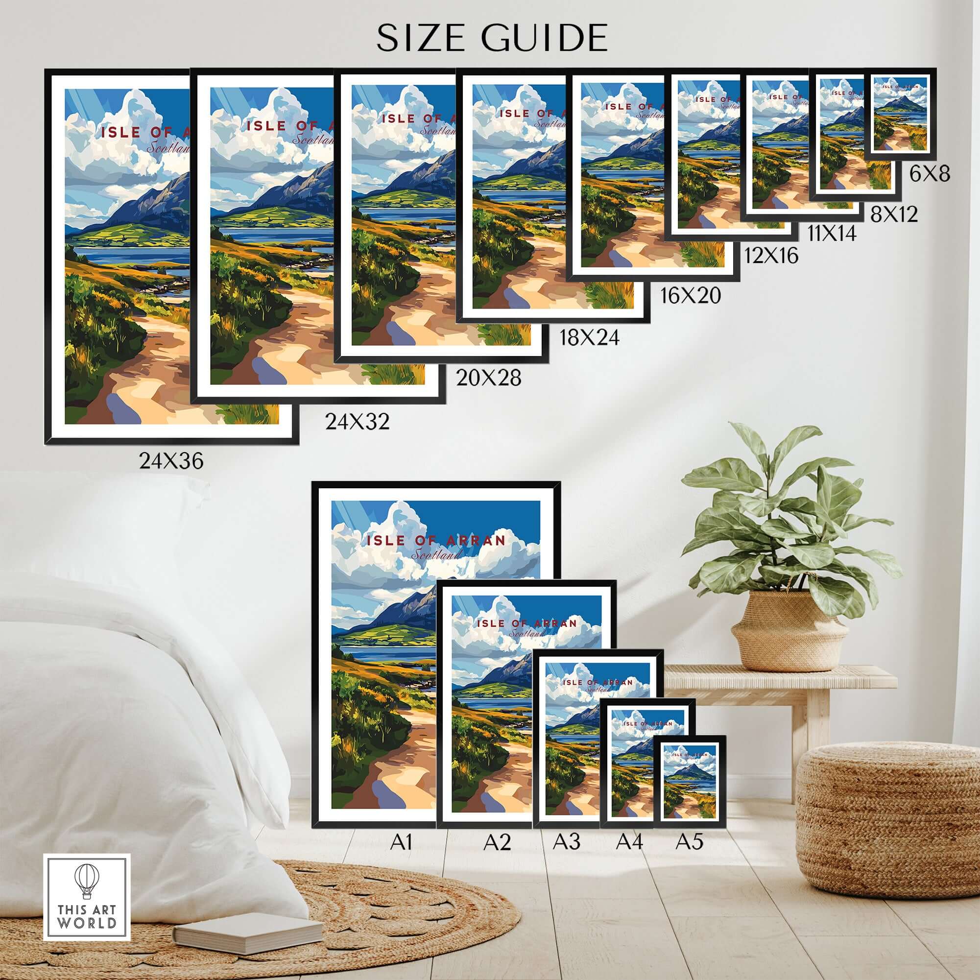 Isle of Arran Scotland Wall Art size guide with various frame options displayed in a stylish home setting.