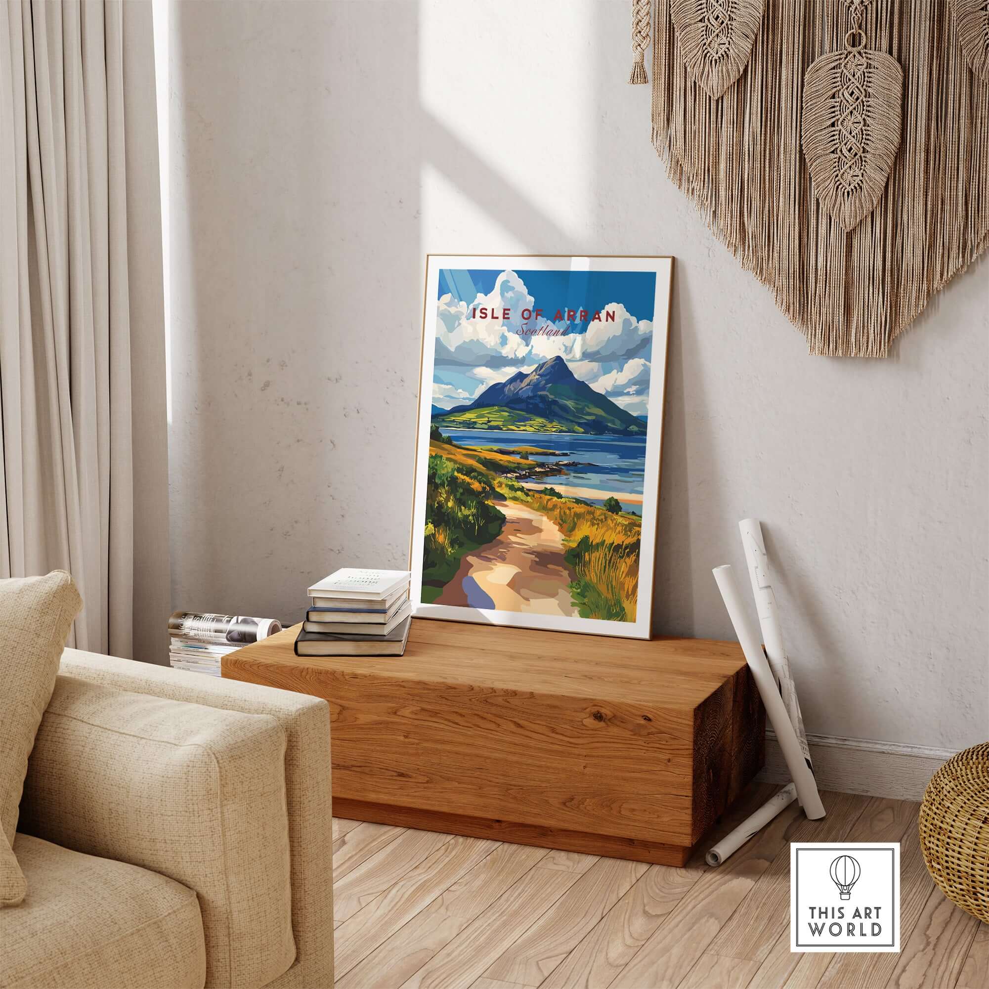 Isle of Arran Scotland Wall Art showcasing a scenic landscape print in a stylish home decor setting.