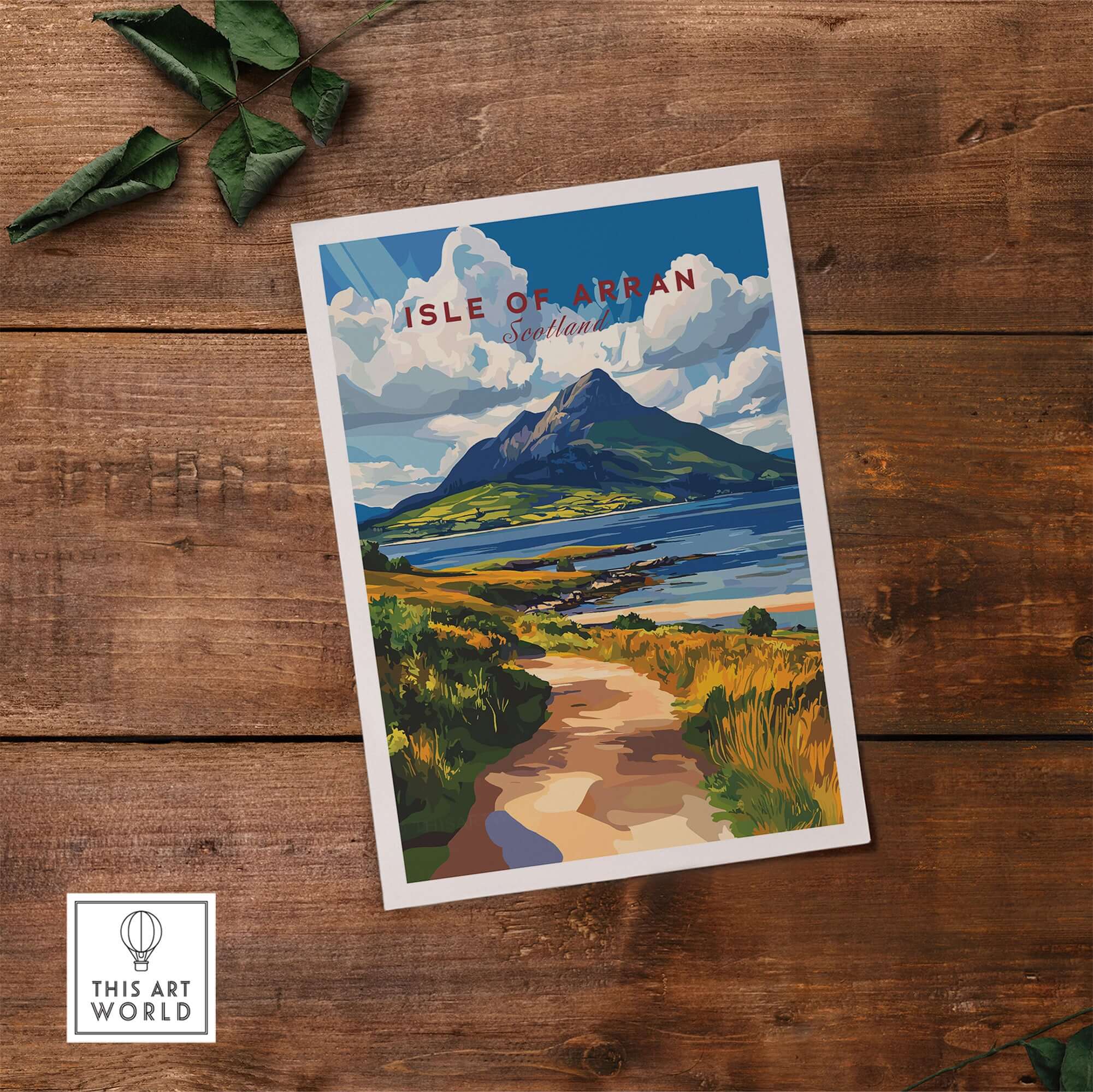 Isle of Arran Scotland Wall Art featuring a picturesque landscape of Arran's mountains and coastline.