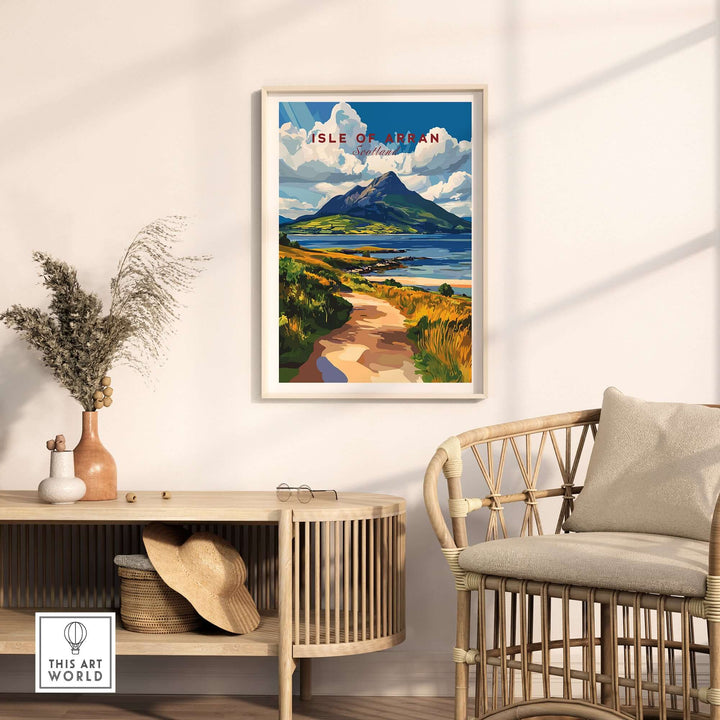 Isle of Arran Scotland wall art displayed in a bright room, featuring scenic landscapes and vibrant colors.