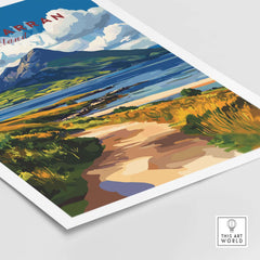 Isle of Arran Scotland Wall Art showcasing a vibrant landscape with mountains and a tranquil seaside.