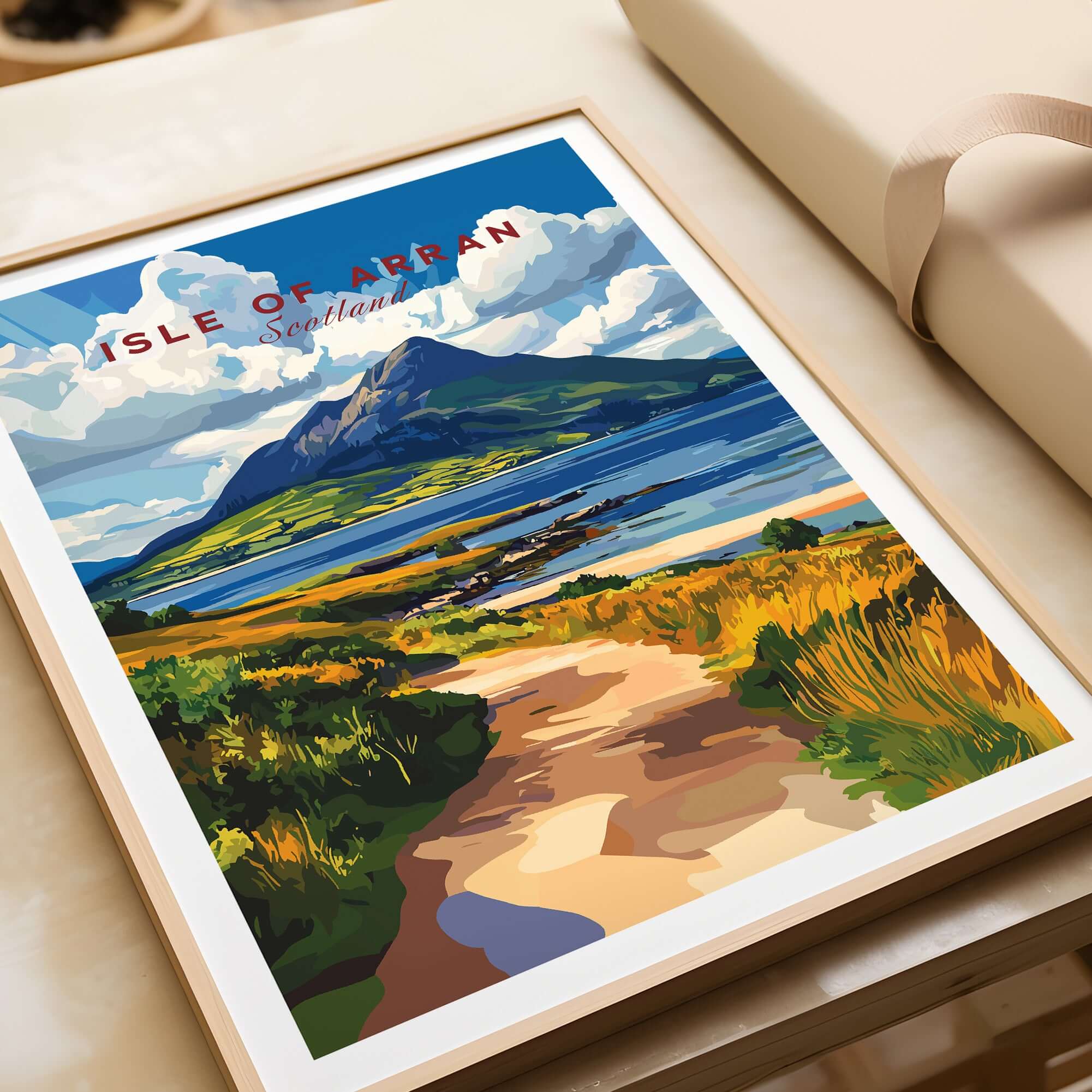 Isle of Arran Scotland Wall Art featuring vibrant landscapes and a scenic path, perfect for home decor.