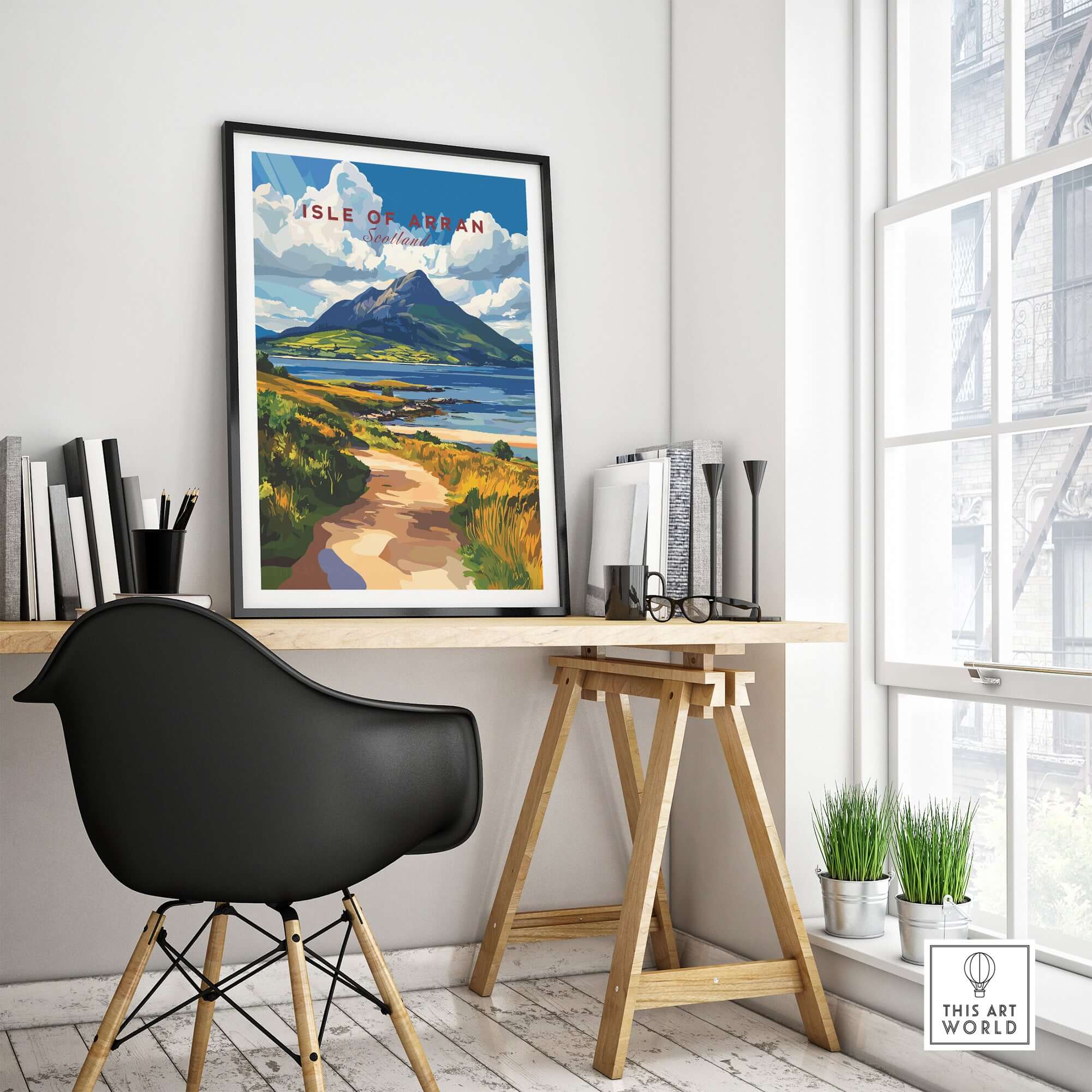 Isle of Arran Scotland Wall Art displayed in a stylish home office, showcasing beautiful landscape.