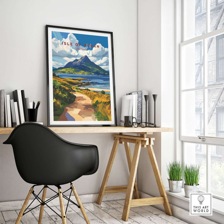 Isle of Arran wall art displayed in a stylish home office, showcasing Scotland's stunning landscape.