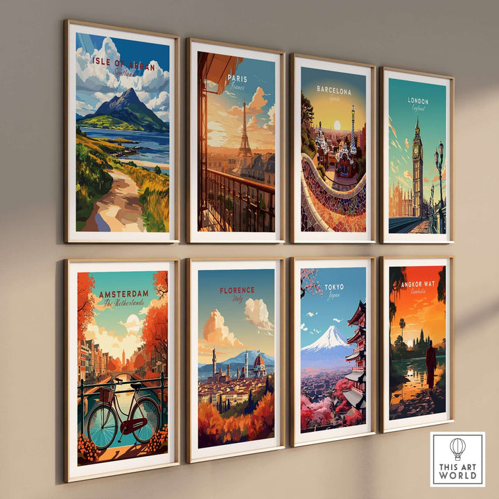 Colorful wall art prints featuring the Isle of Arran, Paris, Barcelona, London, and more iconic destinations.