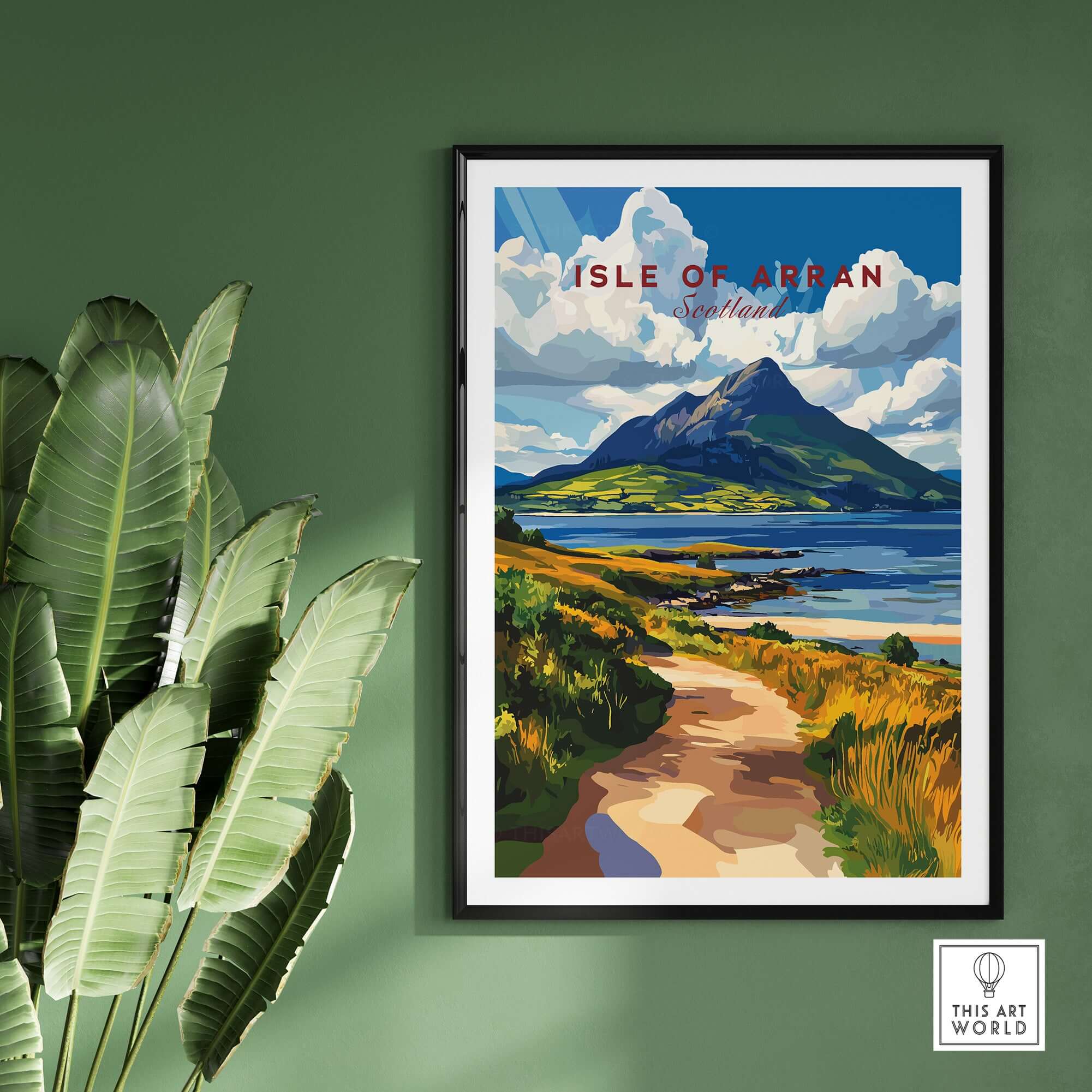 Isle of Arran Scotland Wall Art featuring a scenic landscape of the Isle with mountains and ocean.