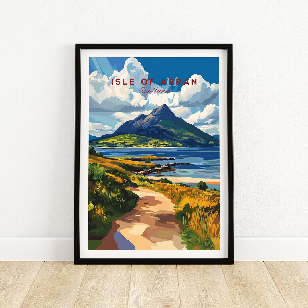 Isle of Arran Scotland wall art showcasing a vibrant landscape with mountains and coastline.