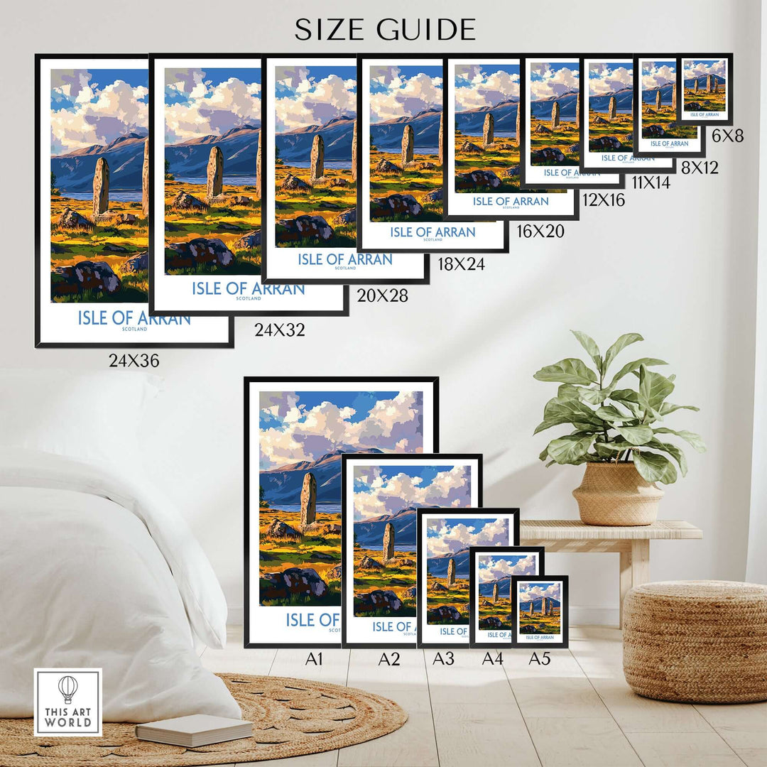 Isle of Arran travel poster size guide showcasing various framed dimensions against a cozy room backdrop.