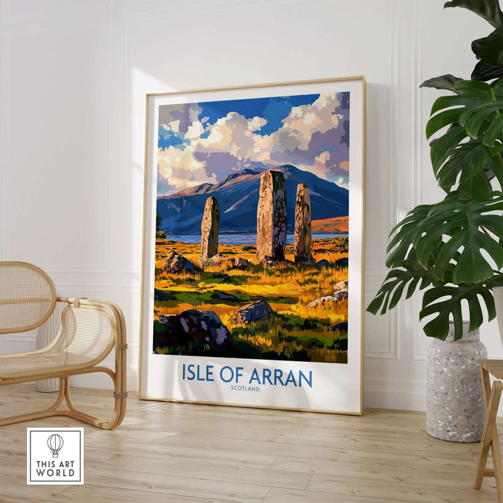 Isle of Arran travel poster showcasing Machrie Moor Standing Stones in scenic Scotland, ideal for art enthusiasts.