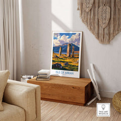 Isle of Arran Travel Poster showcasing Machrie Moor Standing Stones in a stylish living room setting.