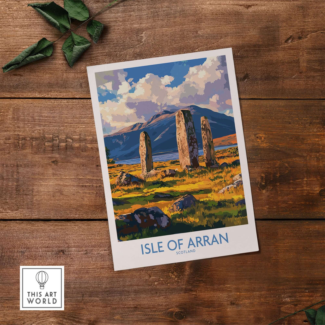 Isle of Arran travel poster featuring Machrie Moor Standing Stones against a scenic backdrop, perfect for art lovers.