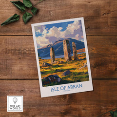 Isle of Arran Travel Poster featuring Machrie Moor Standing Stones in a scenic landscape.