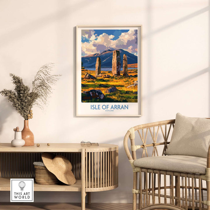 Isle of Arran travel poster featuring Machrie Moor standing stones, displayed in an elegant room setting.