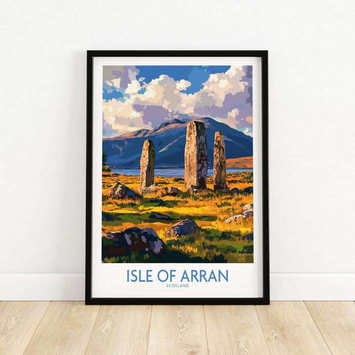 Isle of Arran travel poster featuring Machrie Moor Standing Stones and scenic landscape in Scotland.